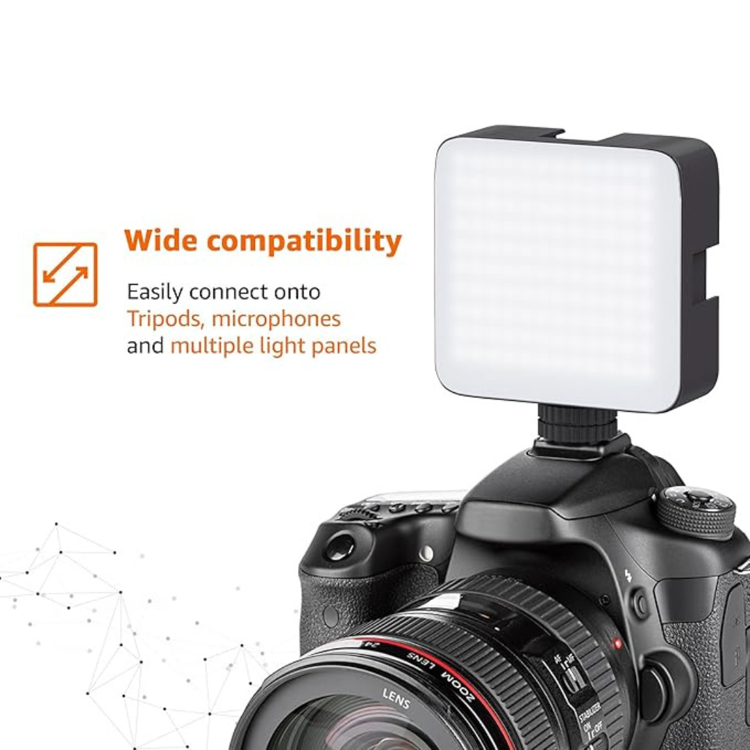 Camera Video Light with Clip and 3 Cold Shoe Connectors | Dimmable and Rechargeable Battery | Beads|