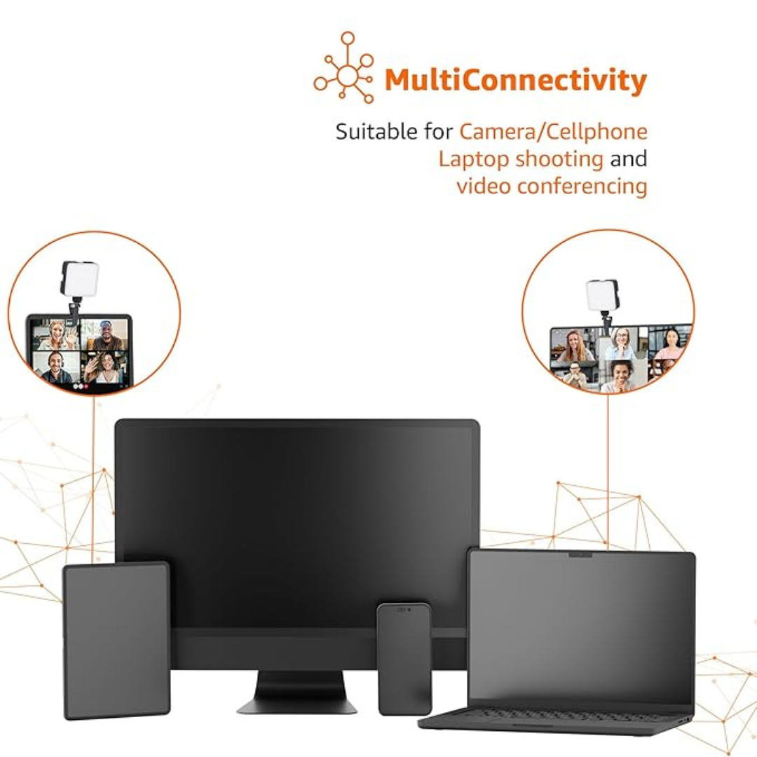 Camera Video Light with Clip and 3 Cold Shoe Connectors | Dimmable and Rechargeable Battery | Beads|