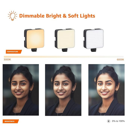 Camera Video Light with Clip and 3 Cold Shoe Connectors | Dimmable and Rechargeable Battery | Beads|