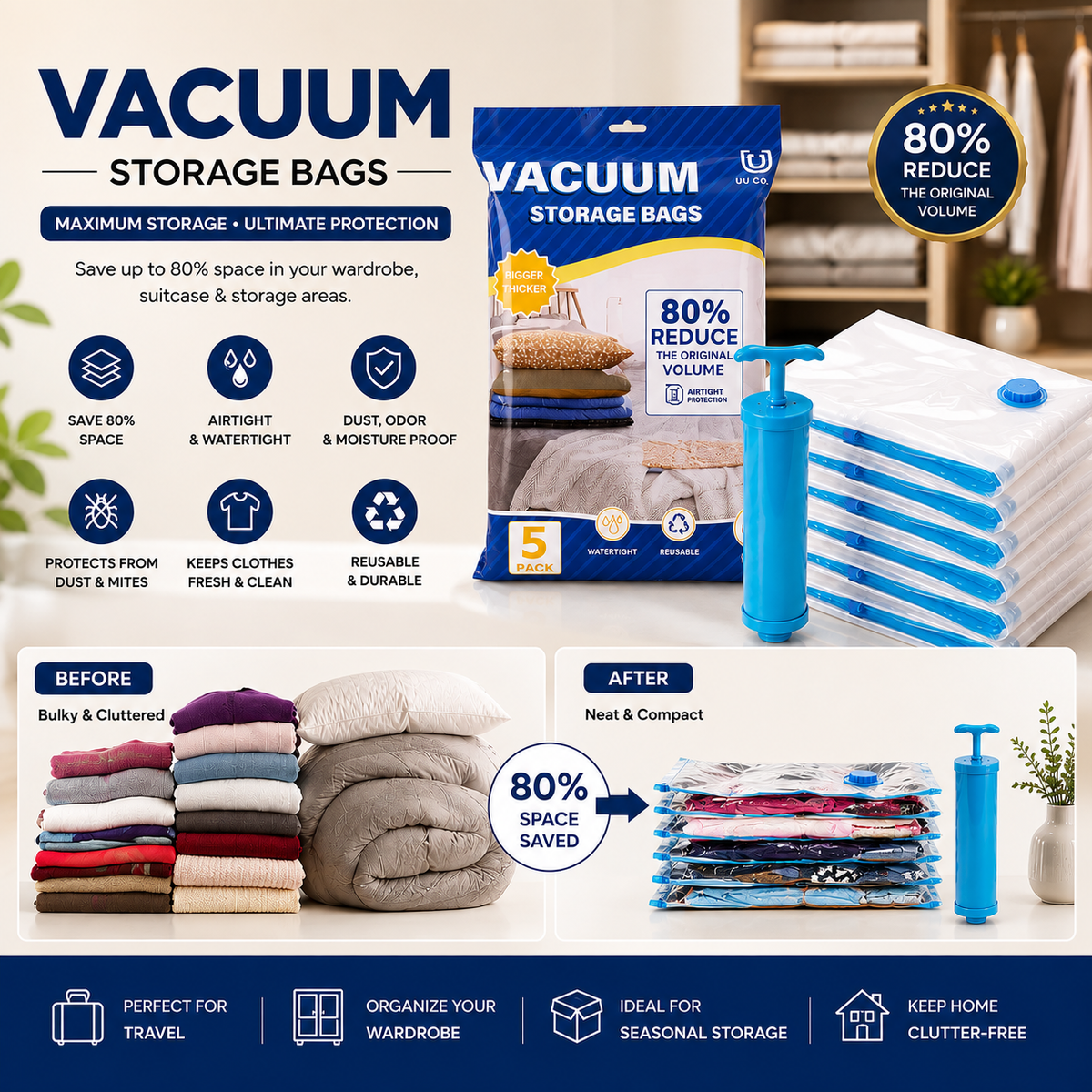 Reusable Ziplock Vacuum Storage Space Saver Plastic Bags